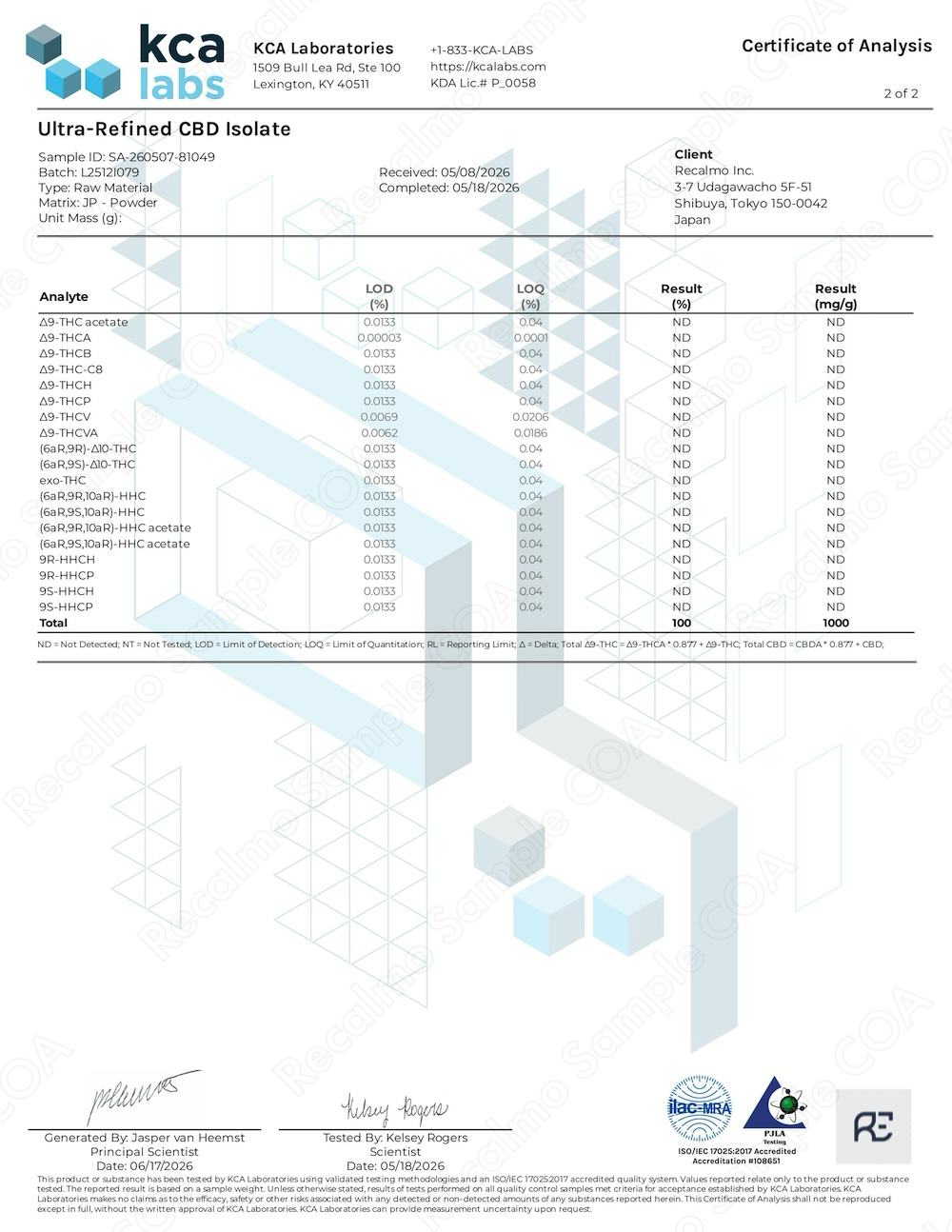 COA(成分分析表) | Recalmo